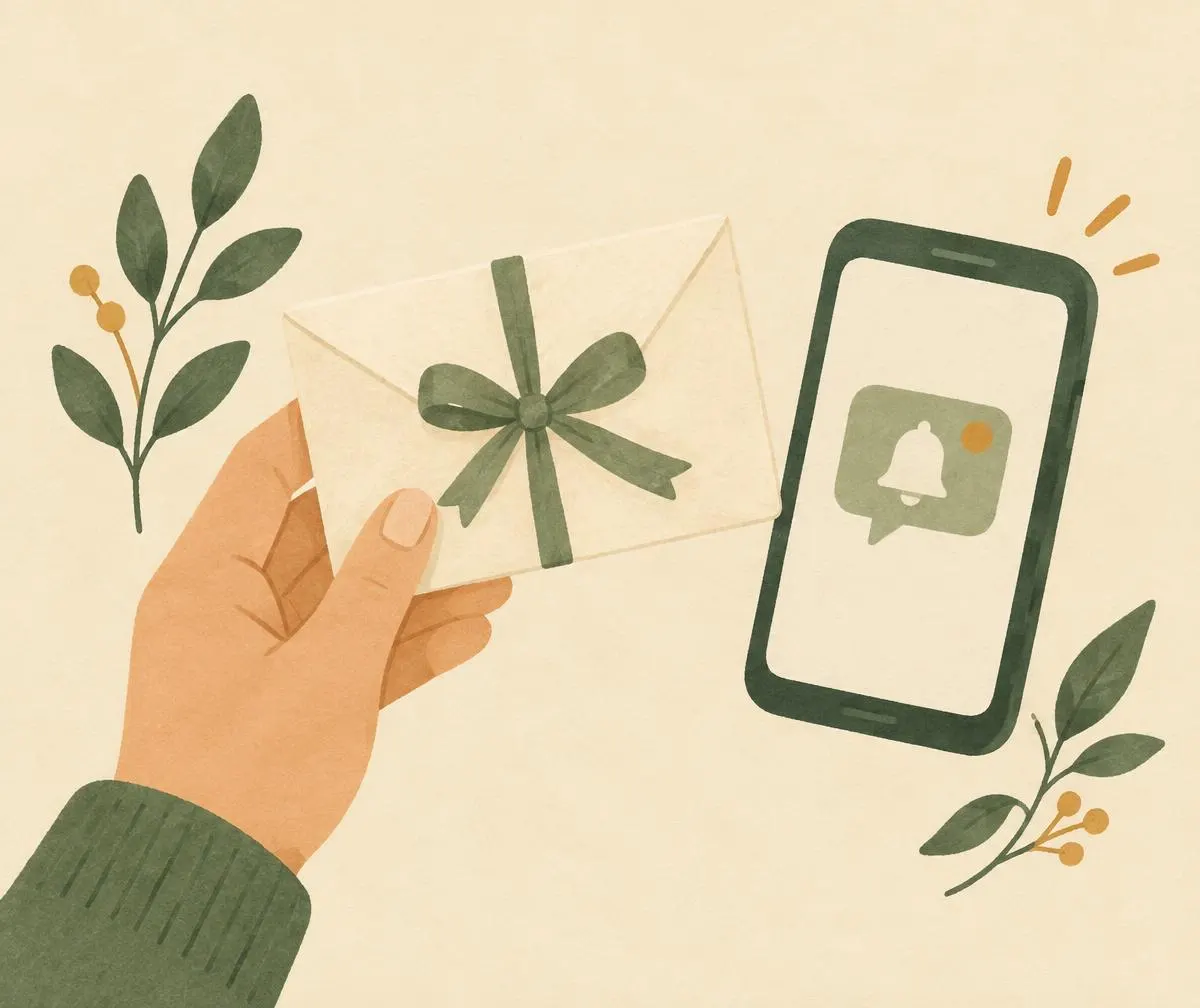 Illustration of a hand holding a gift envelope next to a phone showing a purchase alert
